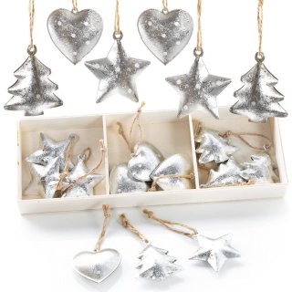 18 kleine Weihnachtsbaumanhänger aus Metall Silber glänzend