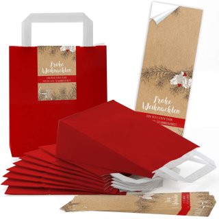  rote Kraftpapier Geschenktüte mit Henkel Boden 18 x 8 x 22 cm + weihnachtliche Aufkleber FROHE WEIHNACHTEN