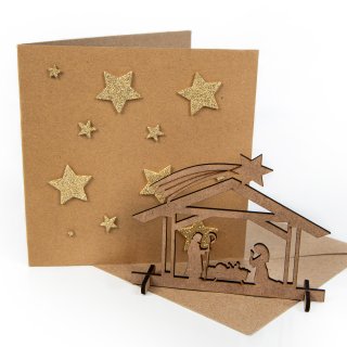 3 Klappkarten mit glitzernden Sternen + Weihnachtskrippe aus Holz