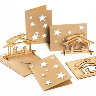 3 Weihnachtsgrußkarten mit Sternen + Weihnachtskrippe aus Holz