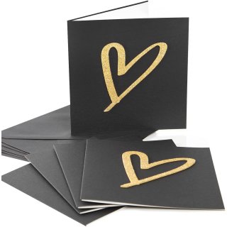 5 quadratische Gru&szlig;karten schwarz gold mit Herz - 15 cm