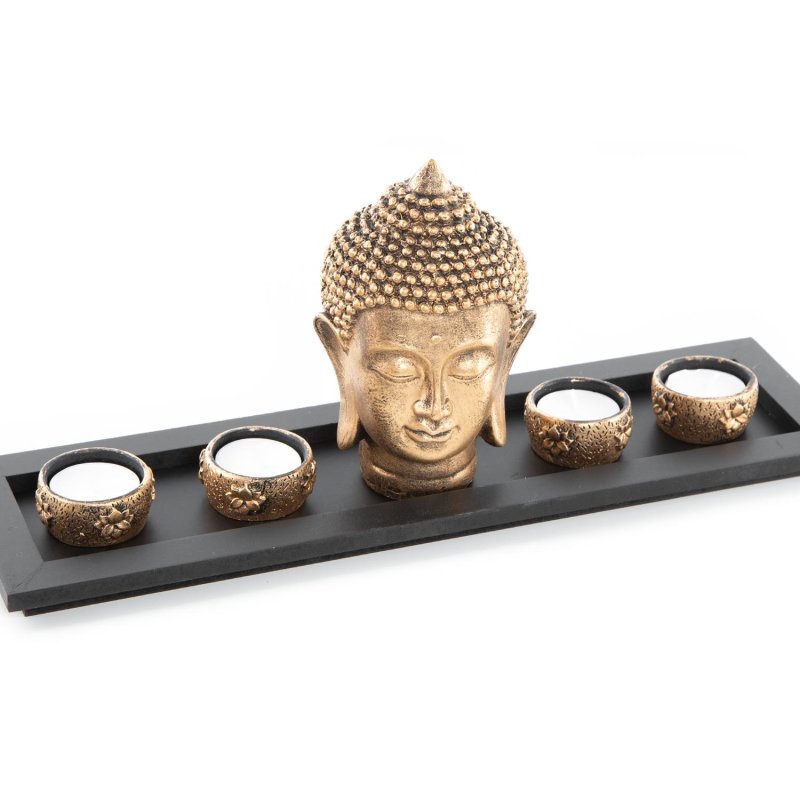 Asiatisches Deko Set - Tablett + 4 Teelichthalter + Buddha Kopf - Dek