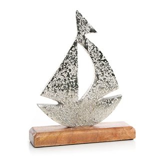 Maritime Dekofigur - Segelschiff aus Metall auf Holzsockel Silber braun 18 cm