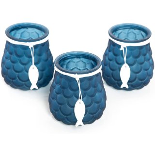 3 Teelichtgläser mit Fisch Dekoration blau weiß - 11 cm