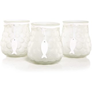 3 Teelichthalter aus Glas mit Holzfisch weiß - maritim - 11 cm