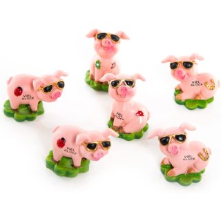6 kleine Glücksschweinchen auf Kleeblatt rosa grün mit Text VIEL GLÜCK
