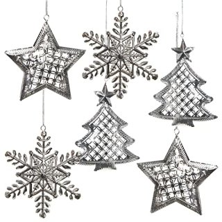 6 Christbaumanhänger Silber aus Metall - Sterne + Bäume + Schneeflocken