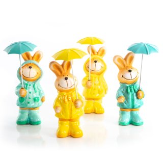 4 Osterhasen im Regenmantel mit Regenschirm gelb türkis aus Keramik & Metall