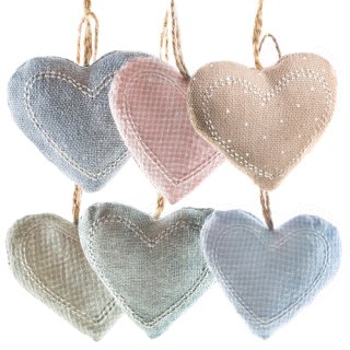 6 Herzanhänger aus Stoff in Pastellfarben - Herzen mit Schnur zum Aufhängen 6 cm