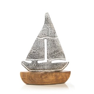 Kleines Segelboot aus Metall auf Holzsockel 17 x 5 x 23 cm silber braun