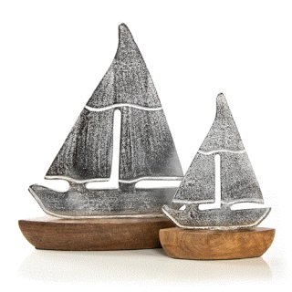 2 Segelschiffe aus Metall und Holz 23 + 32 cm - maritime Deko silber braun