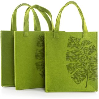 3 Filztaschen grün mit Blätter-Motiv 22 x 25 x 5,5 cm