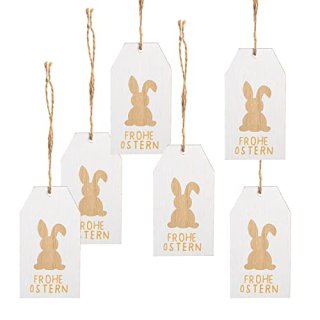 6 Osteranhänger aus Holz - mit Text Frohe Ostern weiß braun