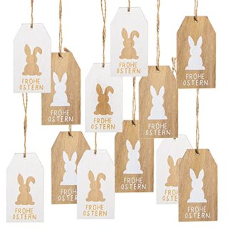 12 Frohe Ostern Textanhänger aus Holz weiß + braun - 10 x 5,5 cm