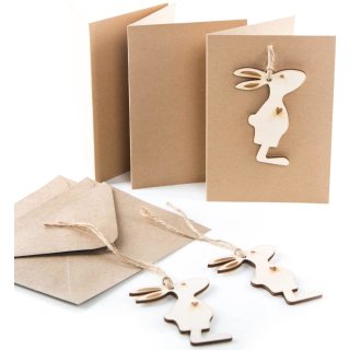 3 Grußkarten Ostern mit Osterhase aus Holz - mit Kuvert