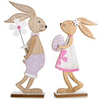 2 Hasen Figuren aus Holz Natur rosa - Osterhasen Paar Junge + Mädchen - große Osterdeko 34 + 40 cm