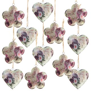 Geschenkanhänger Set - 6 Herzen + 6 Blumen aus Metall zum Aufhängen