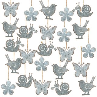 24 Metallanhänger Schnecke + Blume + Vogel + Schmetterling - aus Metall