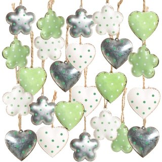 Osterdeko Set - 24 Metallanhänger Herzen + Blumen in grün weiß Silber