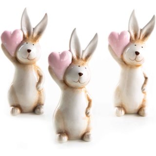 3 Osterhasen Figuren 12 cm beige mit rosa Herz - süße Hasenfiguren fürs Osternest