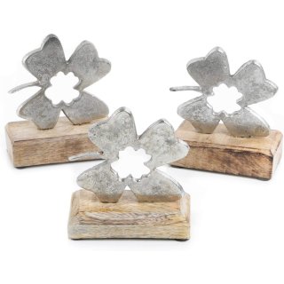 3 kleine Kleeblatt Figuren aus Metall silber auf Holzsockel - Glücksbringer Geschenk