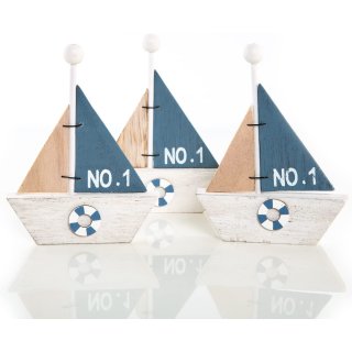 3 kleine Holzboote Natur blau weiß - Maritime Deko 15,5 cm
