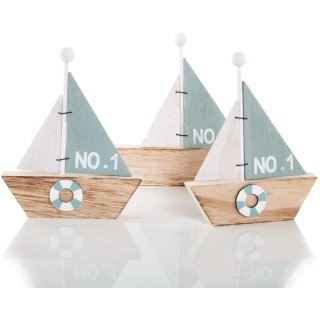 3 Segelschiff Figuren aus Holz 18 cm Natur türkis mintgrün