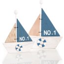 2 kleine Segelschiffe aus Holz blau wei&szlig; maritim 15,5 cm + 18 cm