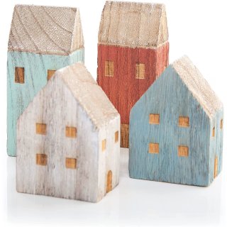4 kleine Häuschen aus Holz - Haus Figuren blau rot Natur