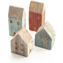 4 kleine H&auml;uschen aus Holz - Haus Figuren blau rot Natur
