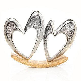 Herz Figur auf Holzsockel - Zwei wippende Herzen aus Holz & Metall