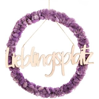 Kunstblumen Ring violett mit Text Schild LIEBLINGSPLATZ aus Holz