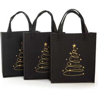 3 Weihnachtstaschen aus Filz schwarz gold mit Baum-Motiv - 25 cm