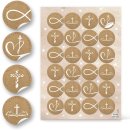 Aufkleber mit christlichen Symbolen - Fisch Kreuz Herz - Kraftpapier-Optik