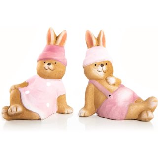Liegende Osterhasen Figuren - rosa braun aus Keramik