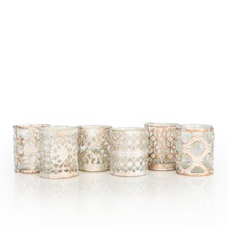 6 kleine Teelichthalter Metall & Glas - weiß Gold cremefarben 