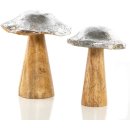 2 Pilz Dekofiguren aus Holz 13 cm + 16 cm Silber braun