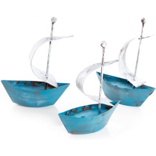 3 Segelschiffe aus Metall blau weiß rost - Vintage Metalldeko