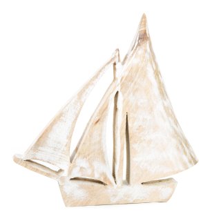 Holzschiff Figur weiß beige gekalkt - Segelschiff Deko aus Holz