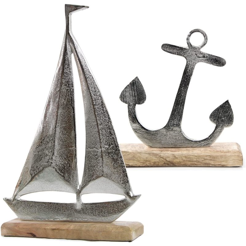 Maritimes Deko Set Metall + Holz & Segelschiff Anker - aus