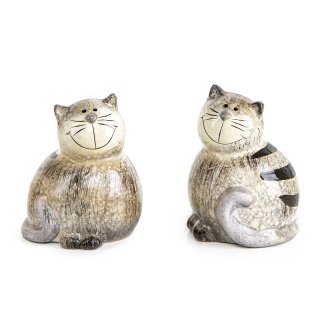 2 Katzen Figuren aus Keramik braun grau - Dekofigur zum Hinstellen