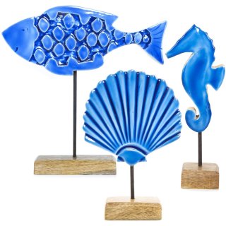 Maritimes Deko Set in blau - Fisch + Seepferdchen + Muschel