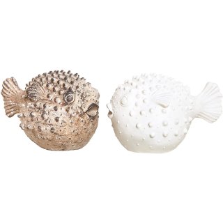 2 Kugelfisch Figuren - Fische zum Hinstellen weiß + braun - 16 cm