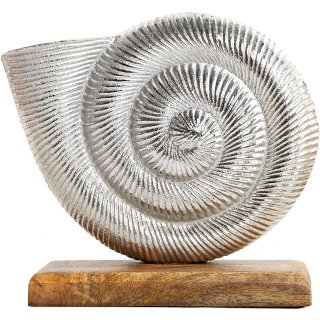 Ammonit Muschel Figur aus Metall & Holz Silber braun - 23 cm