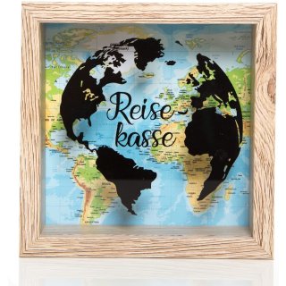 Spardose "Reisekasse" mit Weltkarte Globus Motiv - braun bunt