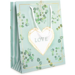 Kleine Papiertüten LOVE mintgrün weiß - mit Herz & Eukalyptus Blättern