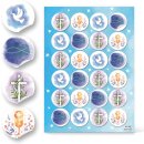 Runde Holzklammern + Sticker mit christlichen Symbolen in blau