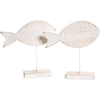 2 Holzfische Figuren stehend - Fische Natur weiß aus Holz