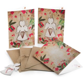 3 Weihnachtsgrußkarten - Klappkarten mit Umschlag + Engel Anhänger