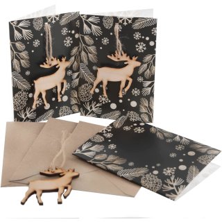 3 Weihnachten Karten mit Umschlag + Hirsch Holz Anhänger